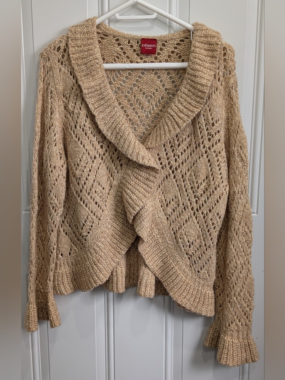 Olsen Europe Open-Front Crochet Pointelle Knit Cardigan - Tan / Gold  Ptp 26"